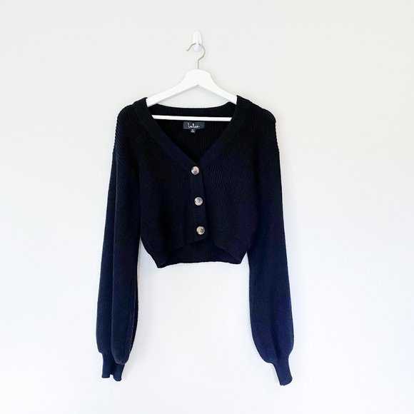 Lulus Sweaters - Lulu's Touch of Sweetness Black Off-the-Shoulder Cropped Cardigan